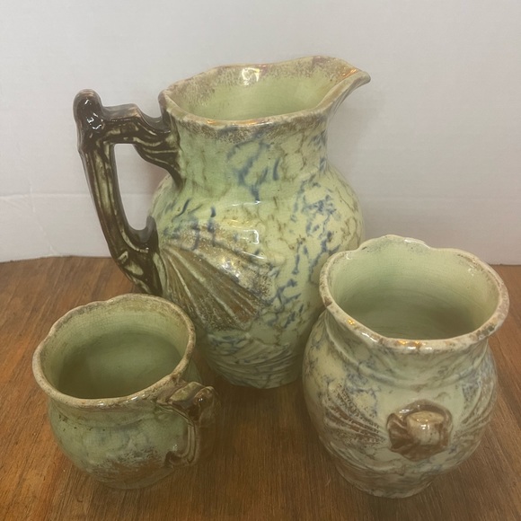 Antique Vintage Roseville Pottery Cornelian 3 Pieces Large Pitcher-Cup-Vase - Picture 5 of 12